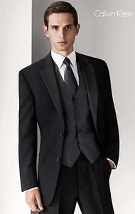 60L Long Black Mens Designer Calvin Klein 2 Button Wool Tuxedo Jacket Big & Tall - Picture 1 of 6