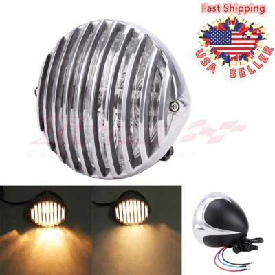 Black Chrome 4.5" Finned Grill Headlight Aluminum For Harley Bobber Chopper Dyna - Image 1 of 4