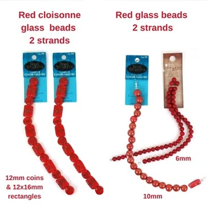 Red Beads Cloisonne Coins Rectangles 12-16mm & Round 6-10mm Glass Beads 583-0026 - Picture 1 of 1