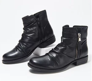 Miz Mooz - Ruched Leather Wide Width Ankle Boots - Lucy - Black - EU 41 W - Picture 1 of 2