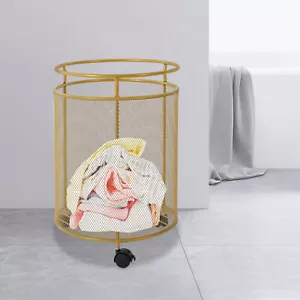 Rolling Laundry Hamper Round Metal Laundry Basket Cart with 4 Wheels Household - Picture 1 of 19