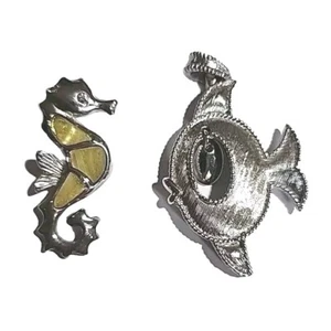 Silvertone Sea Horse Honey Yellow Abalone & Whimzy Fish Set Of 2 Pendants - Picture 1 of 5