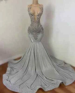 Sparkly Mermaid Prom Dresses For Black Girls Luxury Beaded Women Party Gowns - Picture 1 of 5