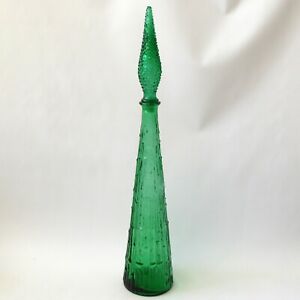 22" Vintage Empoli genie bottle. Green wax drip textured glass decanter +stopper