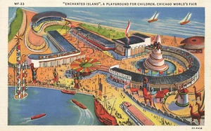 Postal de lino vista aérea "Isla encantada" de la Feria Mundial de Chicago IL - Imagen 1 de 2