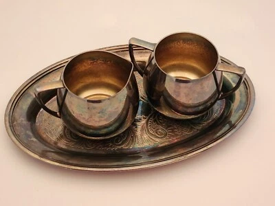 Tigela de creme e açúcar vintage Empire Crafts quadrupla folheada com bandeja - Imagem 1 de 4