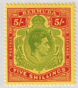 Bermuda 1949 KG VI SG 118f 5/- Green & Red on Pale Yellow 1st Ptg P13 MVLH GEM - Picture 1 of 3