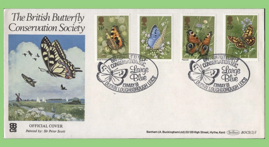 G.B. 1981 Butterflies set Benham First Day Cover, Large Blue, Quorn Leicester - Image 1 of 1