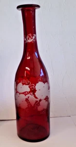 Vintage Cranberry Ruby Red CUT TO CLEAR Decanter Bottle GRAPES(no stopper) 11.5" - Picture 1 of 9