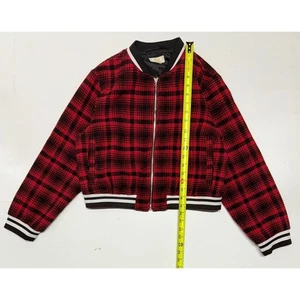 Maeve by Anthropologie Red Black Plaid Bomber Jacket Small Varsity Cropped - Picture 1 of 6