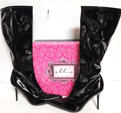 Size 10 Ellie Emma Black Vinyl 4" Stilleto Heel Knee High Boots with Pointy Toe - Image 1 of 4