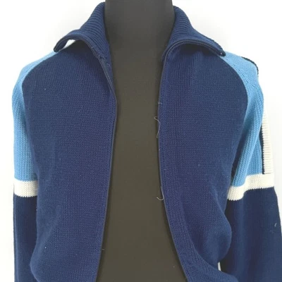 Chaqueta Suéter Pequeña Vintage Put On Shop Sears Para Hombres Azul Rayas Tejido Cremallera Completa Foto 1 de 4