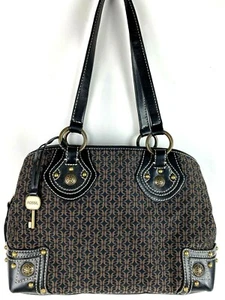 FOSSIL Key Brown Leather Monogrammed Nylon Large Tote Satchel Handbag Bag - Picture 1 of 12