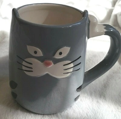 Taza de café Tag Brand Cat Kitty con orejas divertidas años 90 gris blanco 16 oz.  Foto 1 de 4
