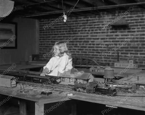 Small Girl Plays With Antique Train Set Classic 8 by 10 Reprint Photograph - Picture 1 of 1