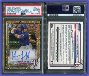 PSA 10 2021 Bowman Chrome Autograph Gold Shimmer Heriberto Hernandez /50 POP3