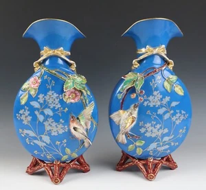 Pair Antique French Limoges Aesthetic Porcelain Vase Birds Japonisme Orientalist - Picture 1 of 23