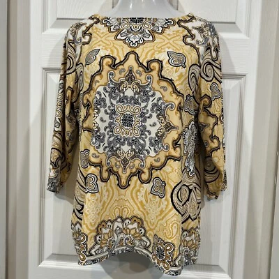 Blusa túnica pulóver elástica Charter Club amarilla negra con patrón de desplazamiento XL Foto 1 de 4