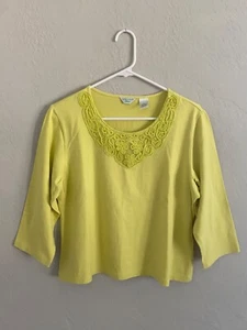 Laura Ashley Women Neon Yellow Embroidered Collar 3/4 Sleeve Cropped Top Size PL - Picture 1 of 8