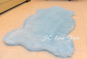 Small Baby Blue Sheepskin Faux Fur Rug Non Skid - Picture 1 of 4