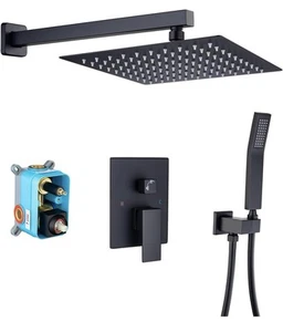 Black Shower Faucet with Valve 12 inch Rain Shower Head Combo Shower Set System - Picture 1 of 6