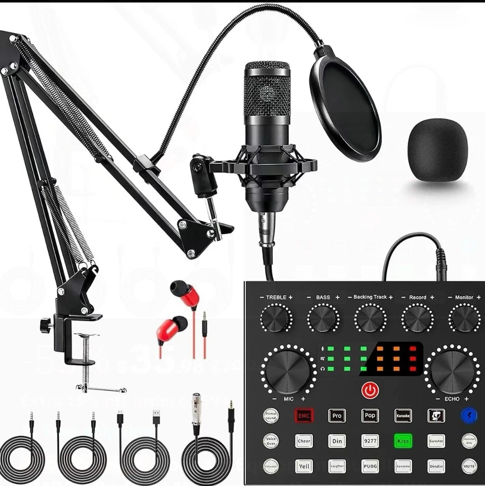 Podcast Mixer Equipment Studio Recording Kit Earphone Condenser Microphone Set - Image 1 of 1