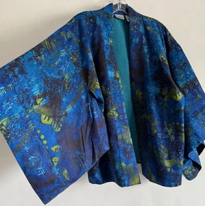 VINTAGE  CHICO’S BLUE MULTICOLOURED PRINT KIMONO SLEEVES KAFTAN JACKET  SIZE:S/M - Picture 1 of 15
