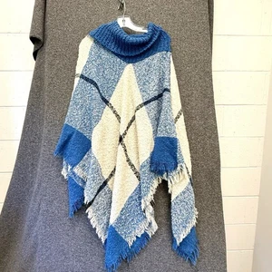 JC Sunny Damen Schal Poncho blau kariert ausgefranste Fransen Quasten Rollkragen weich - Bild 1 von 10