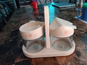 CORELLE FOREVER YOURS Glass Creamer & Sugar w/Plastic Lids & Tray - Picture 1 of 16