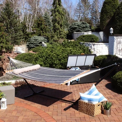 2-Person Quilted Fabric Hammock with Steel Stand - Mountainside by Sunnydaze - Image 1 of 4