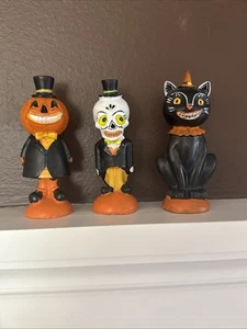 Vintage Inspired Halloween Figures Folklore Black Cat Skeleton Pumpkin Man (3) - Picture 1 of 13