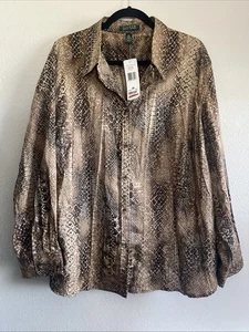 Lauren Ralph Lauren Top Womens 3X Brown Snakeskin Button Up Collared Long Sleeve - Picture 1 of 8