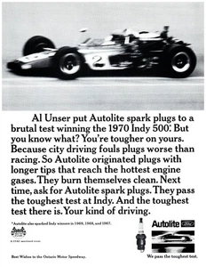 PRINT AD, 1970 Autolite Ford candele Indy 500 Al Our Johnny Lighting Blur - Foto 1 di 1