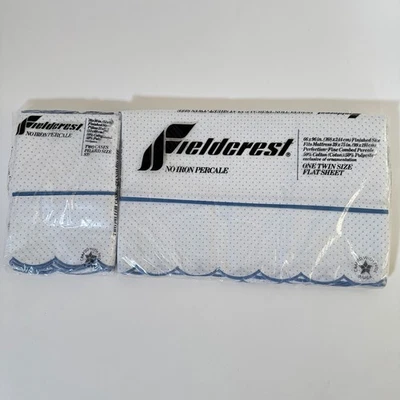 Fieldcrest Twin Flat Sheet 2 Pillowcases Percale Blue Dot NO IRON PERCALE NEW - Image 1 of 4
