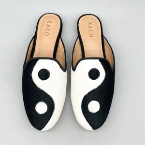 Zalo Womens 8.5 Yin Yang Calf Hair Mule Sandals Shoes Black White Slip On Flats - Picture 1 of 13