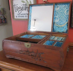 Antique Large ASIAN JEWELRY BOX Hand-Carved SILK LINING Brass 14" x 9" x 6" - Picture 1 of 23