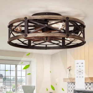 Farmhouse Flush Mount Caged Ceiling Fans with Lights, 6 Speeds, Rustic Low Profi - Picture 1 of 6