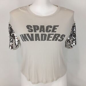 Space Invaders T-Shirt Beige Size 12 14 Taupe Silver Sequin Short Sleeves Crop