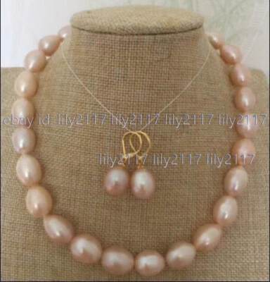 Natural 14-15mm south sea freshwater pink pearl necklace earrings set 14k clasp - Image 1 of 3