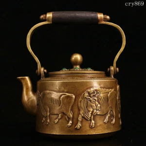 7.6"collection old antique Tibet Handmade Inlaid with gems Cattle pattern teapot - Picture 1 of 9