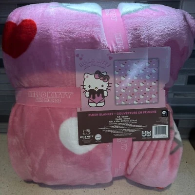 Nueva manta de felpa suave completa/reina Hello Kitty corazones rosas y lazos rojos 90"x90" Foto 1 de 4