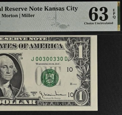 1977A $1 Federal Reserve Note PMG 63EPQ- Fancy Serial Number 00300330 - Image 1 of 3