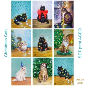 SET 9 ACEO Print portrait Holiday cats black Salem bow tie Painting - Picture 1 of 10