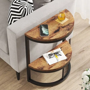 2-Tier Rustic Half-Round Side End Table for Sofa Couch, Small Tea Accent Table - Picture 1 of 13