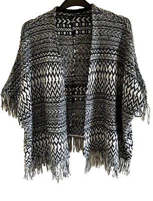 Dorothy Perkins Soft Wool Blend Black & White Open Cardigan  with Fringe - UK 12 - Image 1 of 4