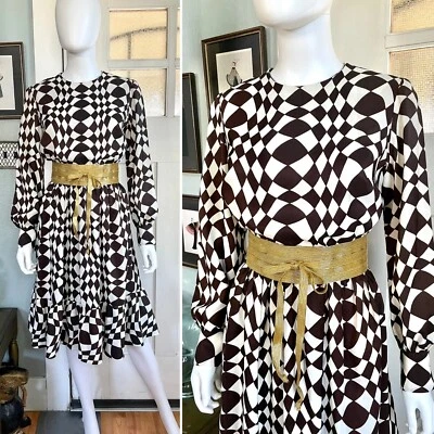 Vintage 60s Small Henry L brown and off white op art bishop sleeve Dress - Image 1 of 4