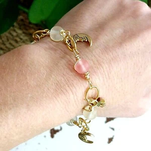 Cherry Quartz Crystal Beaded Bracelet, Charm Bracelet, Moons & Stars, 7.5" - Picture 1 of 5