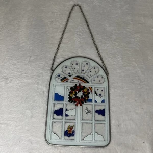 Large 8” Painted Glass Christmas Window Pane Winter Scene Metal Frame Angel Dove - Picture 1 of 8