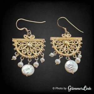 Ornate Filigree Half Circle Pearl Gold Plated 925 Sterling Silver Earrings - Picture 1 of 5