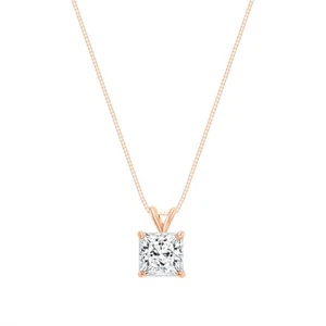 1.50 Ct Princess Cut Solid Real 14K Rose Gold Solitaire Pendant 18" Necklace - Picture 1 of 2